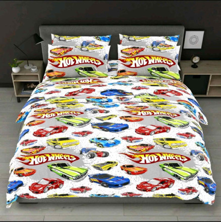 Бязь постільна білизна полуторний комплект білий тачки